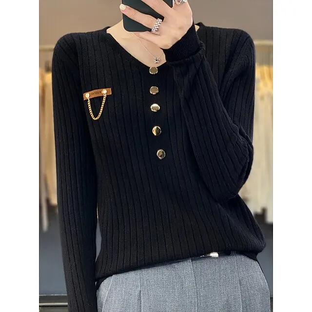 Women’s Pullover Sweater Jumper V Neck Ribbed Knit Polyester Button Fall Winter Regular Outdoor Daily Going out Stylish Casual Soft Long Sleeve Solid Color Black White Yellow S M L ec18c991ebd17002536277f3d239855f