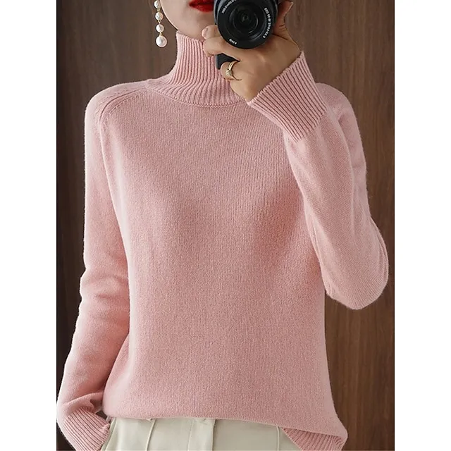 Women's Pullover Sweater Jumper Stand Collar Ribbed Knit Polyester Knitted Fall Winter Regular Outdoor Daily Holiday Fashion Streetwear Casual Long Sleeve Solid Color Black White Pink M L XL