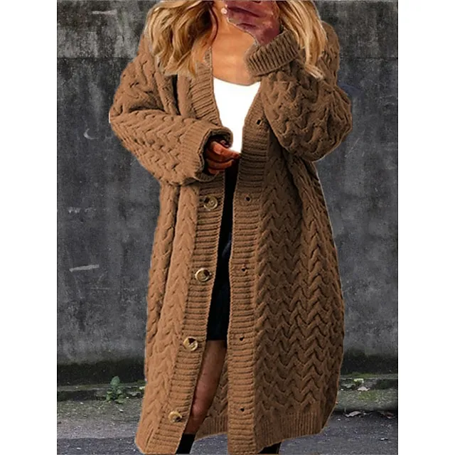 Women’s Cardigan V Neck Cable Knit Polyester Button Knitted Fall Winter Long Outdoor Daily Going out Fashion Casual Soft Long Sleeve Solid Color Black Yellow Brown S M L 4c883b0e8db6d25de30a51c5c9a2337c