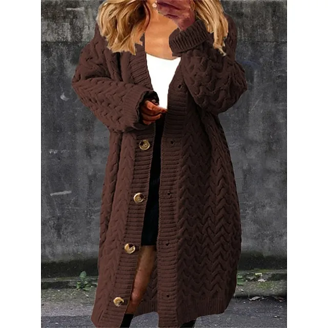 Women’s Cardigan V Neck Cable Knit Polyester Button Knitted Fall Winter Long Outdoor Daily Going out Fashion Casual Soft Long Sleeve Solid Color Black Yellow Brown S M L 6c955b06bd7b67809b6ca70f31629ef6