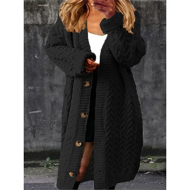 Women’s Cardigan V Neck Cable Knit Polyester Button Knitted Fall Winter Long Outdoor Daily Going out Fashion Casual Soft Long Sleeve Solid Color Black Yellow Brown S M L 7adfcb9a8c6b19610066ebd91e035639