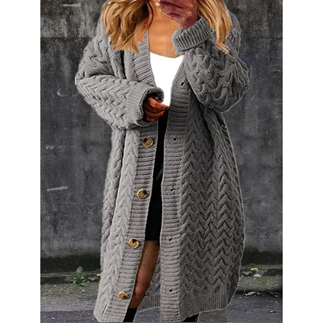 Women’s Cardigan V Neck Cable Knit Polyester Button Knitted Fall Winter Long Outdoor Daily Going out Fashion Casual Soft Long Sleeve Solid Color Black Yellow Brown S M L f0dc6aacea655855c2ea43518bba756d