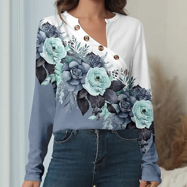 Women’s T shirt Tee Designer Shirt Floral Holiday Weekend Pink Blue Purple Button Print Long Sleeve Fashion V Neck Regular Fit Spring & Fall 0048231ee69f9aa23573904ce4c47c4c