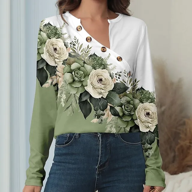 Women's T shirt Tee Designer Shirt Floral Holiday Weekend Pink Blue Purple Button Print Long Sleeve Fashion V Neck Regular Fit Spring & Fall