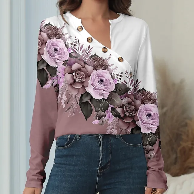 Women’s T shirt Tee Designer Shirt Floral Holiday Weekend Pink Blue Purple Button Print Long Sleeve Fashion V Neck Regular Fit Spring & Fall 799be92d411ecab9e630751976195618