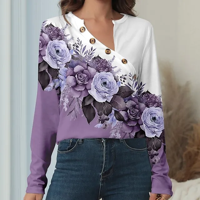 Women’s T shirt Tee Designer Shirt Floral Holiday Weekend Pink Blue Purple Button Print Long Sleeve Fashion V Neck Regular Fit Spring & Fall e7df15535ff25c8368e33c0283525f99