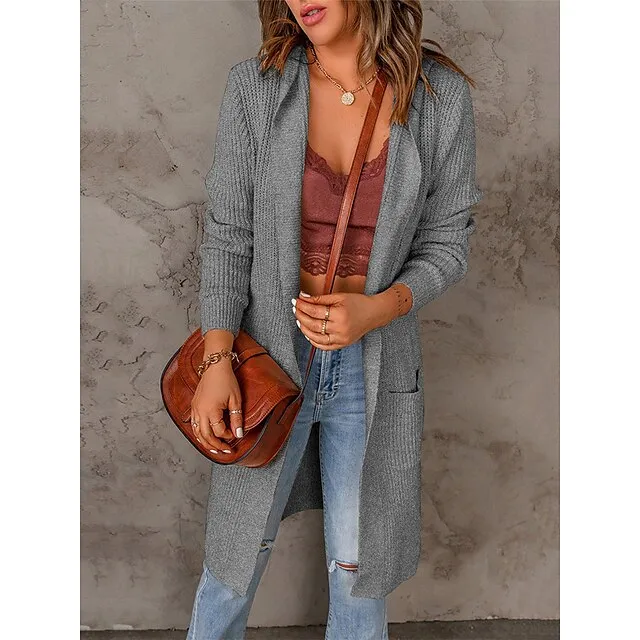 Women's Long Cardigan Hooded Ribbed Knit Polyester Knitted Front Pocket Fall Winter Long Outdoor Daily Going out Stylish Casual Soft Long Sleeve Pure Color Black Pink Apricot S M L