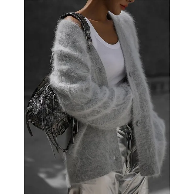 Women's Fleece Cardigan V Neck Fuzzy Knit Polyester Button Knitted Fall Winter Regular Outdoor Daily Going out Fashion Streetwear Casual Long Sleeve Solid Color White Pink Khaki S M L