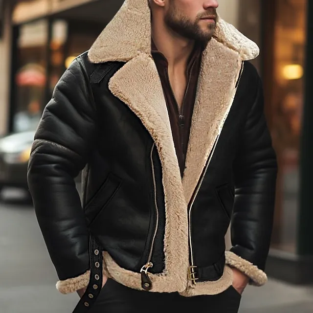 Men's Winter Jacket Fleece Jacket Sherpa Jacket Outdoor Daily Wear Warm Fall Winter Plain Fashion Streetwear Lapel Regular Black Navy Blue Red & White Green Coffee Jacket