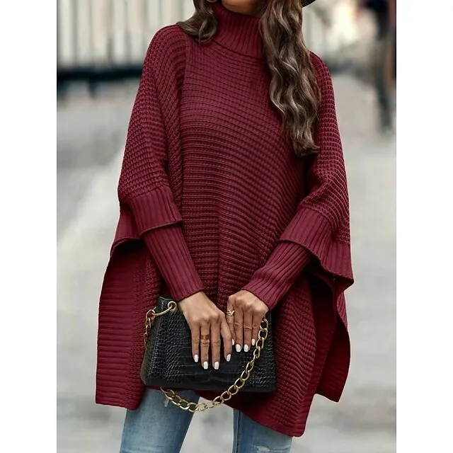 Women's Pullover Sweater Jumper Turtleneck Waffle Knit Acrylic Knitted Fall Winter Regular Outdoor Daily Going out Fashion Streetwear Casual Long Sleeve Solid Color Wine Navy Blue Dark Green S M L
