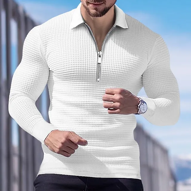 Men’s Polo Shirt Quarter Zip Polo Work Daily Wear Lapel Long Sleeve Fashion Comfortable Color Block Pocket Zip Up Spring & Fall Regular Fit Black White Red Brown Polo Shirt 40e77aa1a8f9f7841be4a5f486607b0f