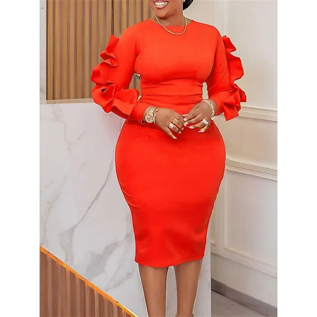 Women's Party Dress Cocktail Dress Wedding Guest Dress Midi Dress Black White Royal Blue Long Sleeve Pure Color Ruffle Spring Fall Winter Crew Neck Fashion Winter Dress Wedding Guest Birthday S