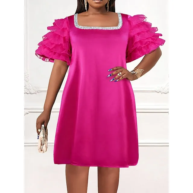 Women's Party Dress Wedding Guest Dress Peplum Dresses Mini Dress Fuchsia Short Sleeve Pure Color Ruffle Spring Fall Winter Square Neck Fashion Winter Dress Wedding Guest Evening Party S M L XL