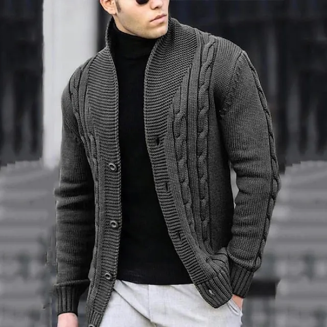 Men’s Cardigan Sweater Cropped Sweater Cable Knit Regular Button Up Plain Lapel Vintage Warm Ups Casual Daily Wear Clothing Apparel Fall Winter Black White S M L 03ccf302734666b05c4d79993261c780