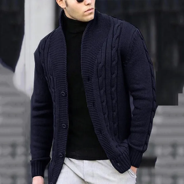 Men’s Cardigan Sweater Cropped Sweater Cable Knit Regular Button Up Plain Lapel Vintage Warm Ups Casual Daily Wear Clothing Apparel Fall Winter Black White S M L 9026251f10a4547455d056e438819035