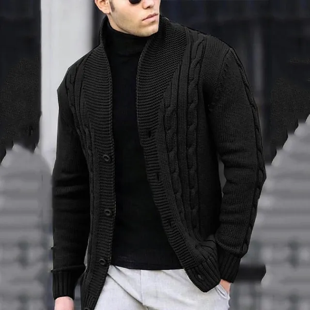 Men’s Cardigan Sweater Cropped Sweater Cable Knit Regular Button Up Plain Lapel Vintage Warm Ups Casual Daily Wear Clothing Apparel Fall Winter Black White S M L 98e942e93b73373bc8a28b2869b7e363