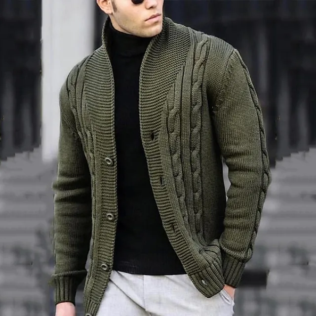 Men’s Cardigan Sweater Cropped Sweater Cable Knit Regular Button Up Plain Lapel Vintage Warm Ups Casual Daily Wear Clothing Apparel Fall Winter Black White S M L 99553cfe8084cc6886e7f4f6e8c1c974