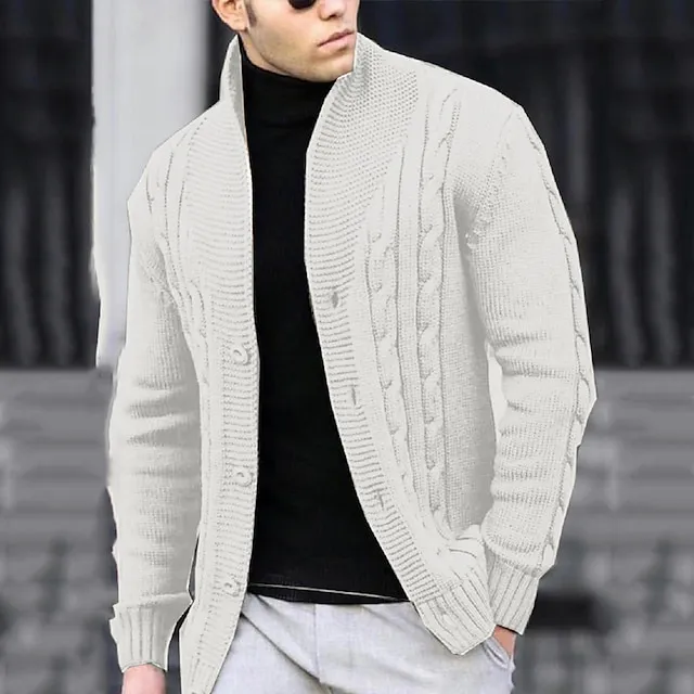 Men’s Cardigan Sweater Cropped Sweater Cable Knit Regular Button Up Plain Lapel Vintage Warm Ups Casual Daily Wear Clothing Apparel Fall Winter Black White S M L c40d8918f05c8632b0bfa0b56f66fbac