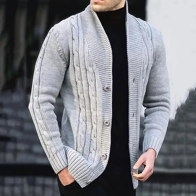 Men’s Cardigan Sweater Cropped Sweater Cable Knit Regular Button Up Plain Lapel Vintage Warm Ups Casual Daily Wear Clothing Apparel Fall Winter Black White S M L f21e8e44e8faecd481f68b02b21f9b46