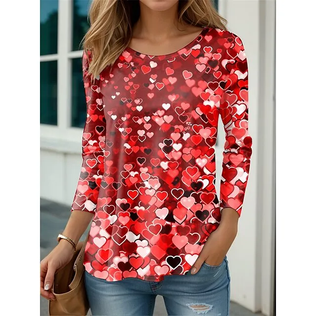 Women's T shirt Tee Heart Weekend Pink Red Blue Print Long Sleeve Fashion Round Neck Regular Fit Spring & Summer