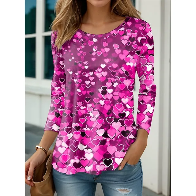 Women’s T shirt Tee Heart Weekend Pink Red Blue Print Long Sleeve Fashion Round Neck Regular Fit Spring & Summer f866a5a93057229be287d7fd67895818