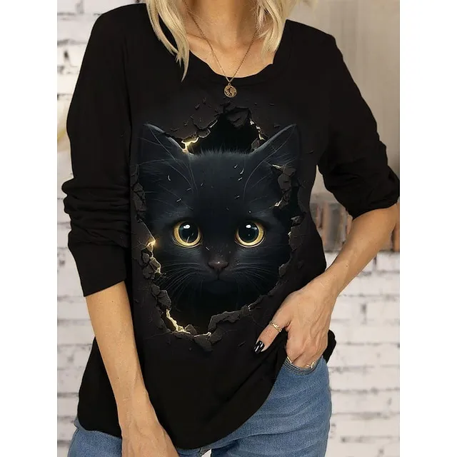 Women's T shirt Tee Cat 3D Daily Weekend Black Print Long Sleeve Fashion Funny Round Neck Regular Fit Spring & Fall