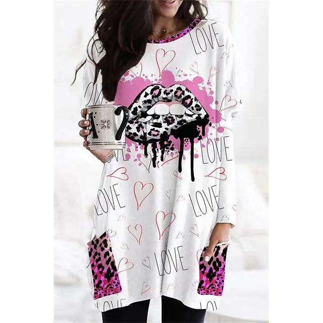 Women’s T shirt Tee Heart Leopard Daily Weekend White Pink Pocket Print Long Sleeve Fashion Round Neck Regular Fit Spring & Fall 28623bcbdda883b752e8b955ab9cf4e4