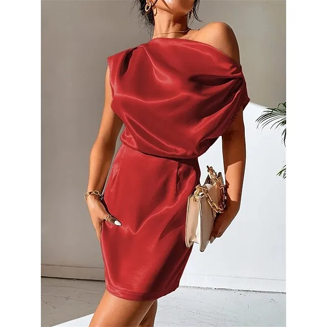 Women's Party Dress Cocktail Dress Wedding Guest Dress Mini Dress Black Pink Red Sleeveless Plain Ruched Spring Fall Winter One Shoulder Formal Winter Dress Wedding Guest Vacation S M L XL