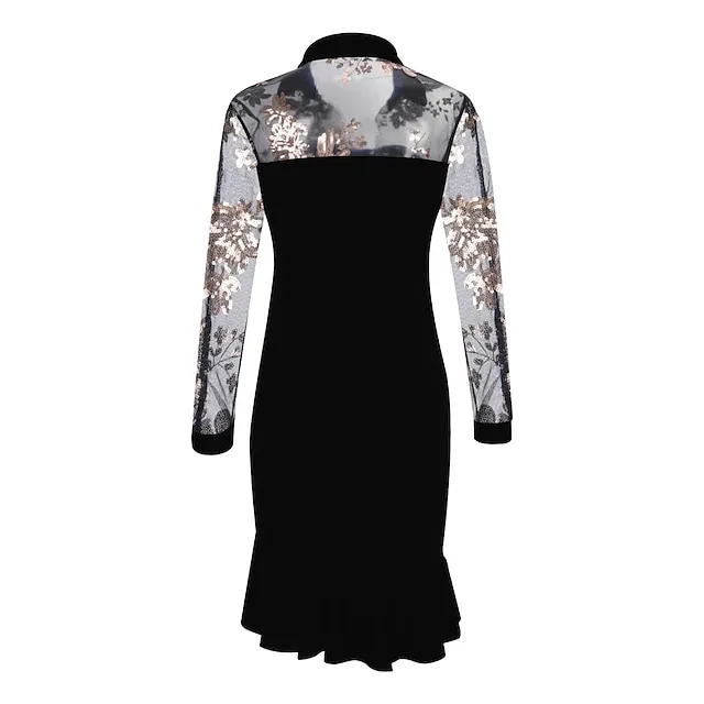 Women’s Party Dress Cocktail Dress Wedding Guest Dress Midi Dress Black Red Long Sleeve Floral Ruffle Spring Fall Winter V Neck Formal Winter Dress Wedding Guest Birthday S M L XL XXL d83824a8d96e06ea01e99f8a8a222cec