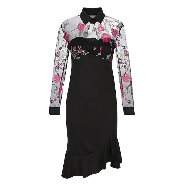 Women’s Party Dress Cocktail Dress Wedding Guest Dress Midi Dress Black Red Long Sleeve Floral Ruffle Spring Fall Winter V Neck Formal Winter Dress Wedding Guest Birthday S M L XL XXL da6dfffb00f24060804de63755bafdce