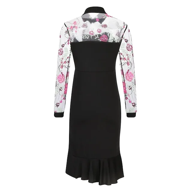 Women’s Party Dress Cocktail Dress Wedding Guest Dress Midi Dress Black Red Long Sleeve Floral Ruffle Spring Fall Winter V Neck Formal Winter Dress Wedding Guest Birthday S M L XL XXL e9698aa8a63b469c092d7d17cea81f79