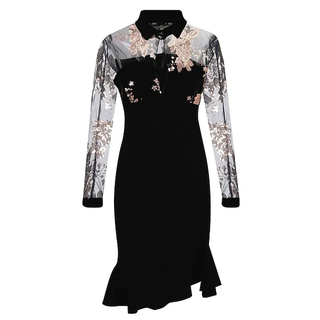 Women’s Party Dress Cocktail Dress Wedding Guest Dress Midi Dress Black Red Long Sleeve Floral Ruffle Spring Fall Winter V Neck Formal Winter Dress Wedding Guest Birthday S M L XL XXL f502c39a61b663813a9edc72e69fcc34