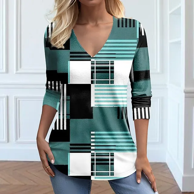 Women’s T shirt Tee Plaid Weekend Pink Blue Brown Print Long Sleeve Fashion V Neck Regular Fit Spring & Fall 1f37a080f57d3f2f6b6ddca745262f4f