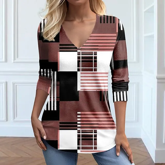 Women’s T shirt Tee Plaid Weekend Pink Blue Brown Print Long Sleeve Fashion V Neck Regular Fit Spring & Fall 316d3fdec662b0f9bb76ec54f0bbb5ab