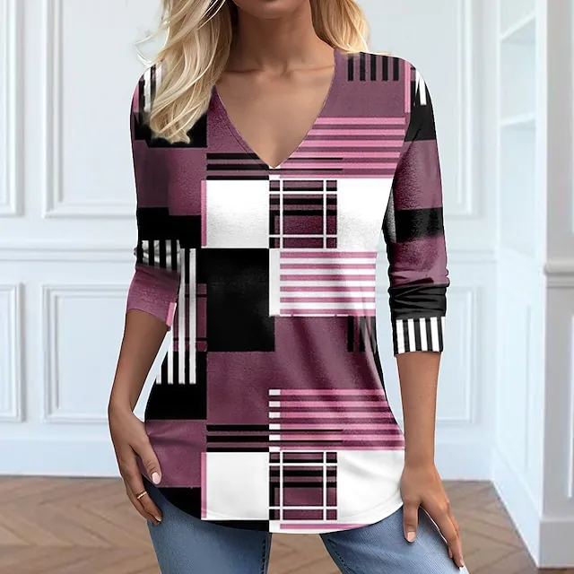 Women's T shirt Tee Plaid Weekend Pink Blue Brown Print Long Sleeve Fashion V Neck Regular Fit Spring & Fall