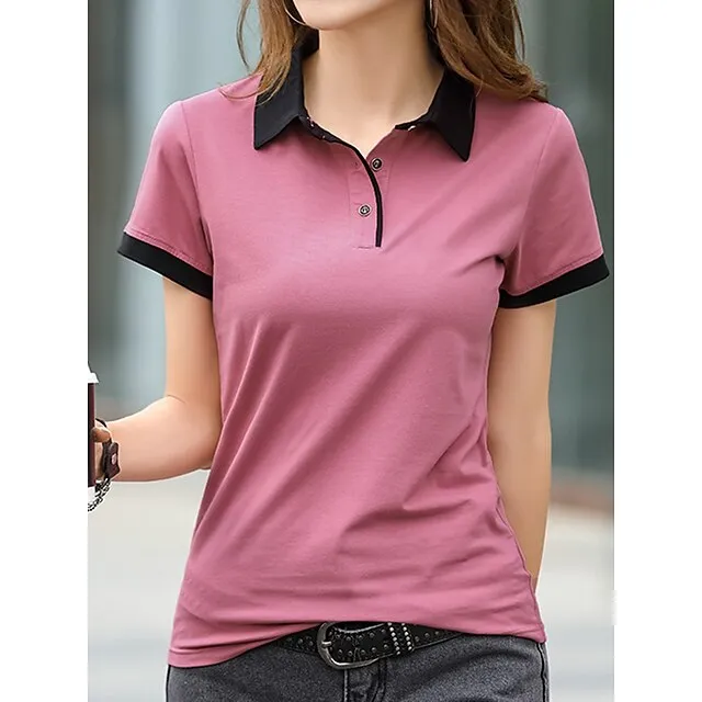 Women's Polo T shirt Tee Cotton Color Block Sports Weekend Black Pink Wine Button Short Sleeve Fashion Shirt Collar Regular Fit Spring & Summer