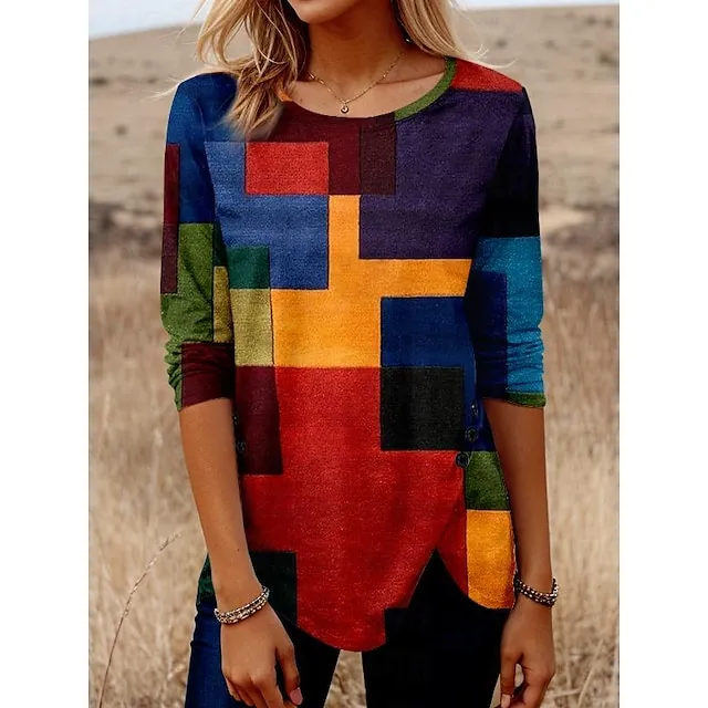 Women’s T shirt Tee Plaid Daily Weekend Yellow Blue Orange Button Print Long Sleeve Fashion Round Neck Regular Fit Spring & Fall a54887d6ba02e1e808fb5c76378f7e23