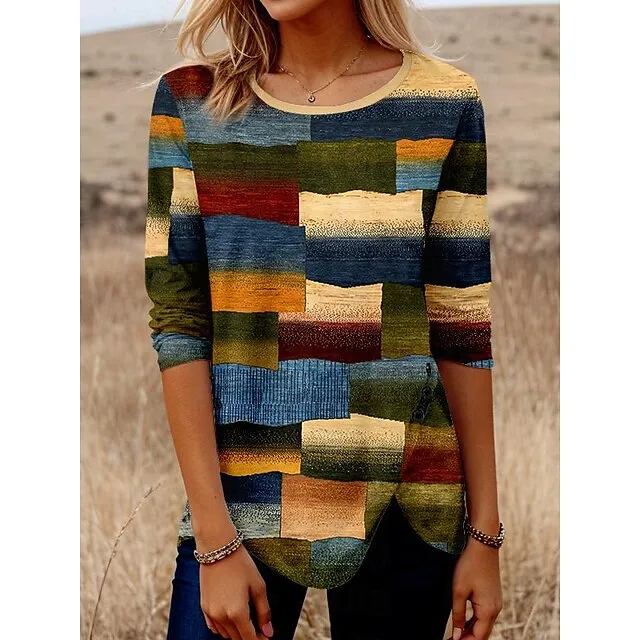 Women’s T shirt Tee Plaid Daily Weekend Yellow Blue Orange Button Print Long Sleeve Fashion Round Neck Regular Fit Spring & Fall ad70ccac5355694cf196b4a80c2bf071