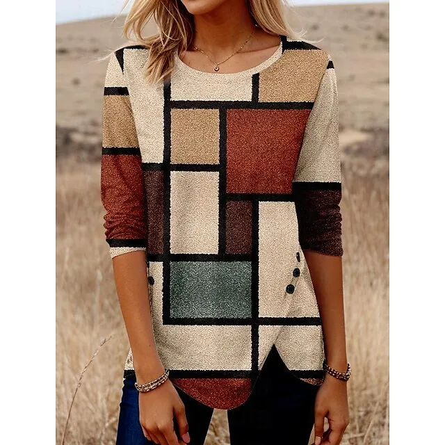 Women’s T shirt Tee Plaid Daily Weekend Yellow Blue Orange Button Print Long Sleeve Fashion Round Neck Regular Fit Spring & Fall ccbe31152240e5f6427da1b3ae868890