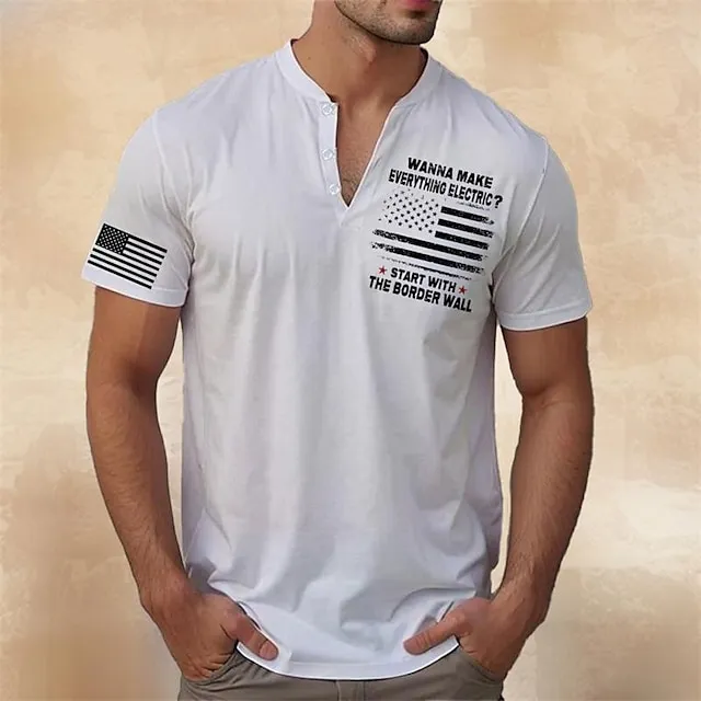 National Flag White Navy Blue Henley Shirt Tee Top Men's Graphic 100% Cotton Shirt Fashion Classic Shirt Short Sleeve Comfortable Tee Sports Outdoor Vacation Summer Fashion Designer Clothing S M L XL