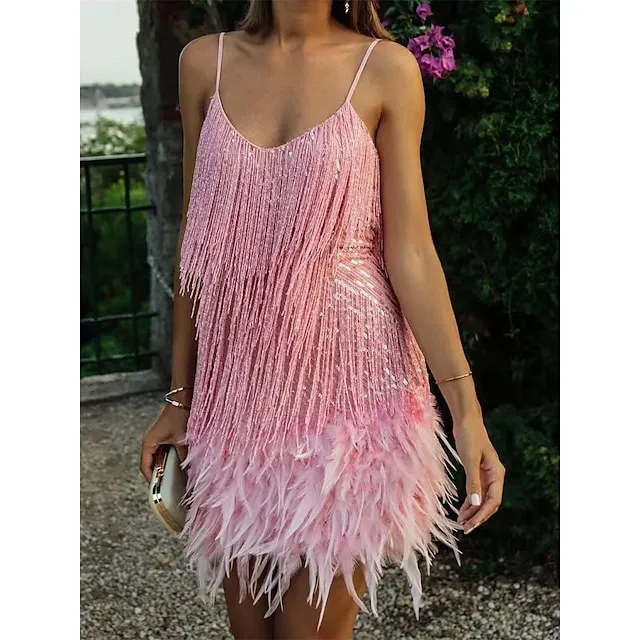 Women's Sequin Dress Fringe Dress Party Dress Mini Dress White Pink Red Sleeveless Plain Sequins Summer Spring Fall Spaghetti Strap Party Wedding Guest Vacation S M L XL XXL
